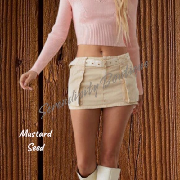 Mustard Seed Kahki Tan Denim Pre-Washed Belted Jean Mini Skirt - Picture 1 of 9